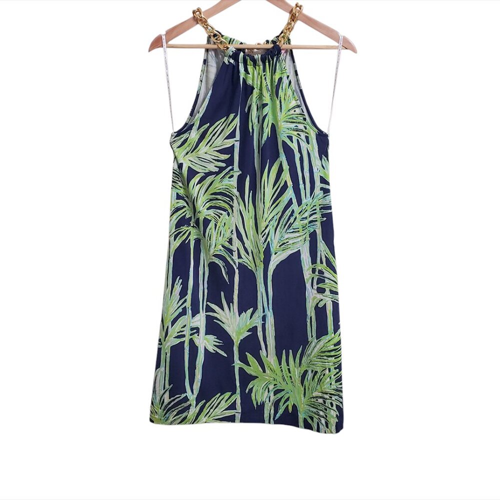 Lilly Pulitzer Womens Lara Silk Gold Chain Halter Dress XS Bamboo Print …
